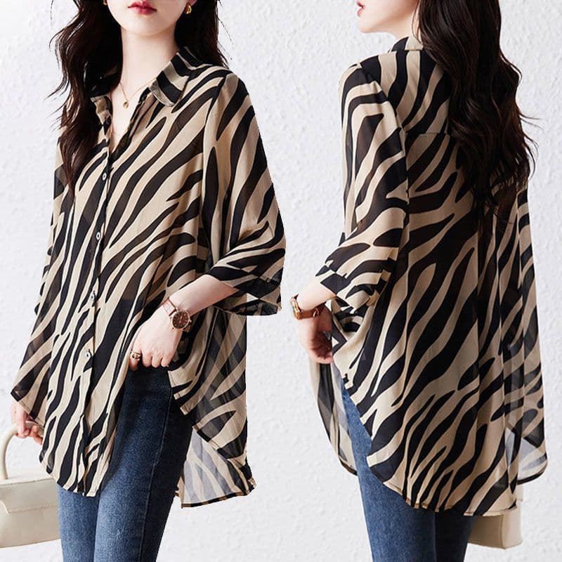 Manga De Três Quartos Listras Roupas De Proteção Solar Camisa De chiffon Feminina Estampa zebra Solta ls423