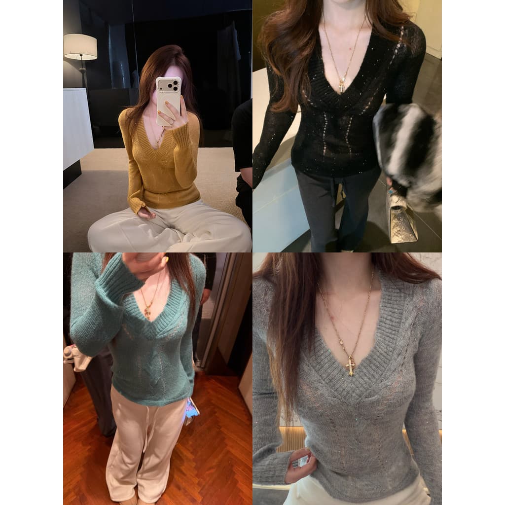 [Dazzling Galaxy] bling Outono Inverno Novo Estilo Com Decote Em V Indústria Pesada Suéter De Diamante Quente Slim-fit S