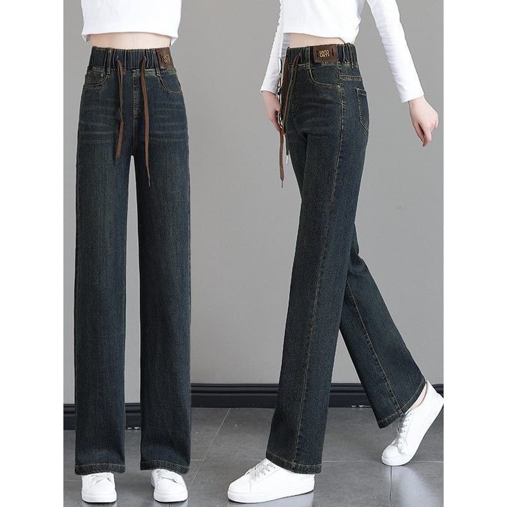 Outono inverno forro de lã engrossado novo estilo em linha reta cintura elástica Jeans feminino versão estreita cintura