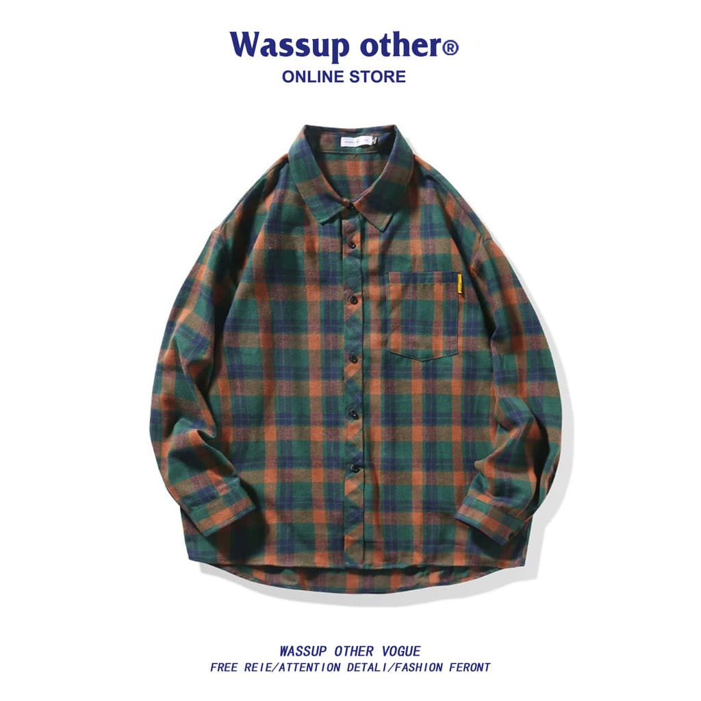 WASSUP OUTRO Camisa Xadrez Retro Japonesa Masculina Primavera Outono Street Wear Camisa de Manga Comprida High-End Jaque