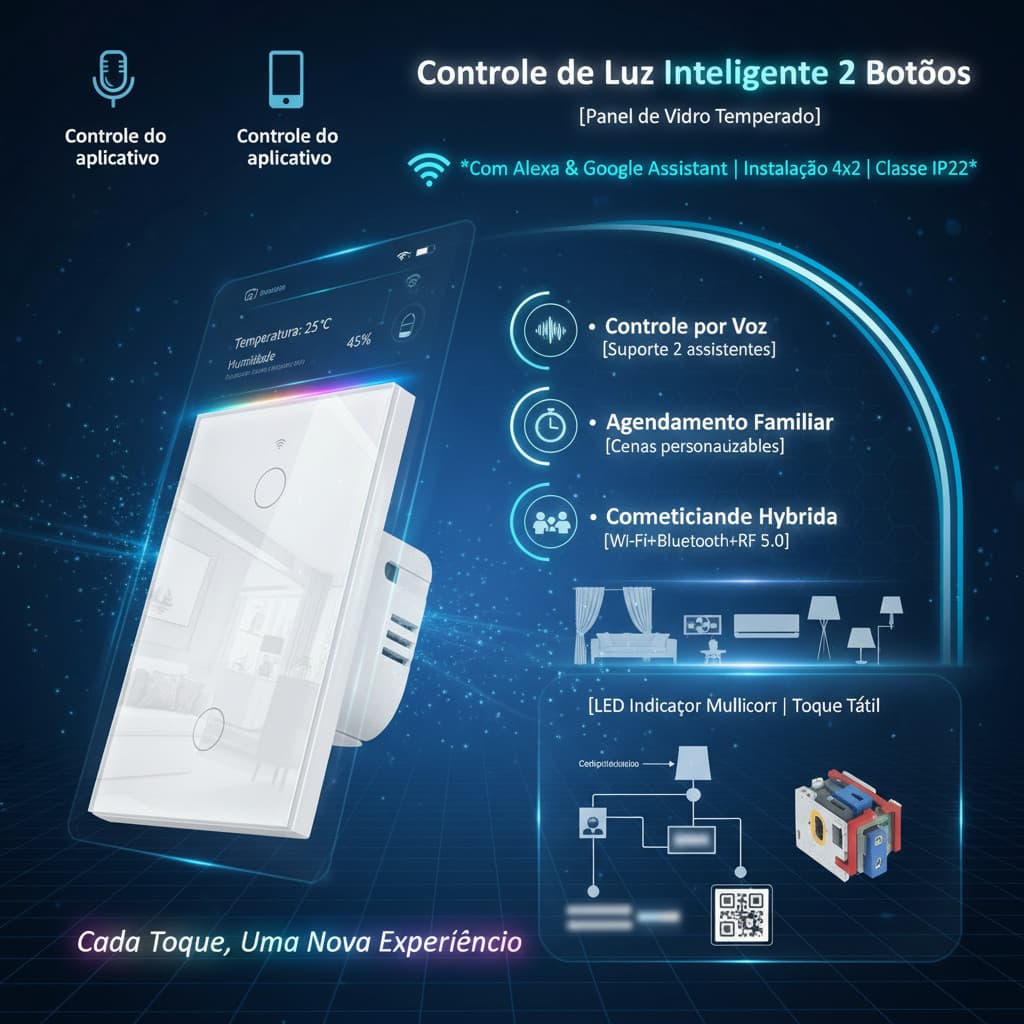Interruptor Inteligente Wi-Fi 2 Botões Touch: Padrão 4x2 Brasil, Compatível Alexa e Google Home - Automação Residencial