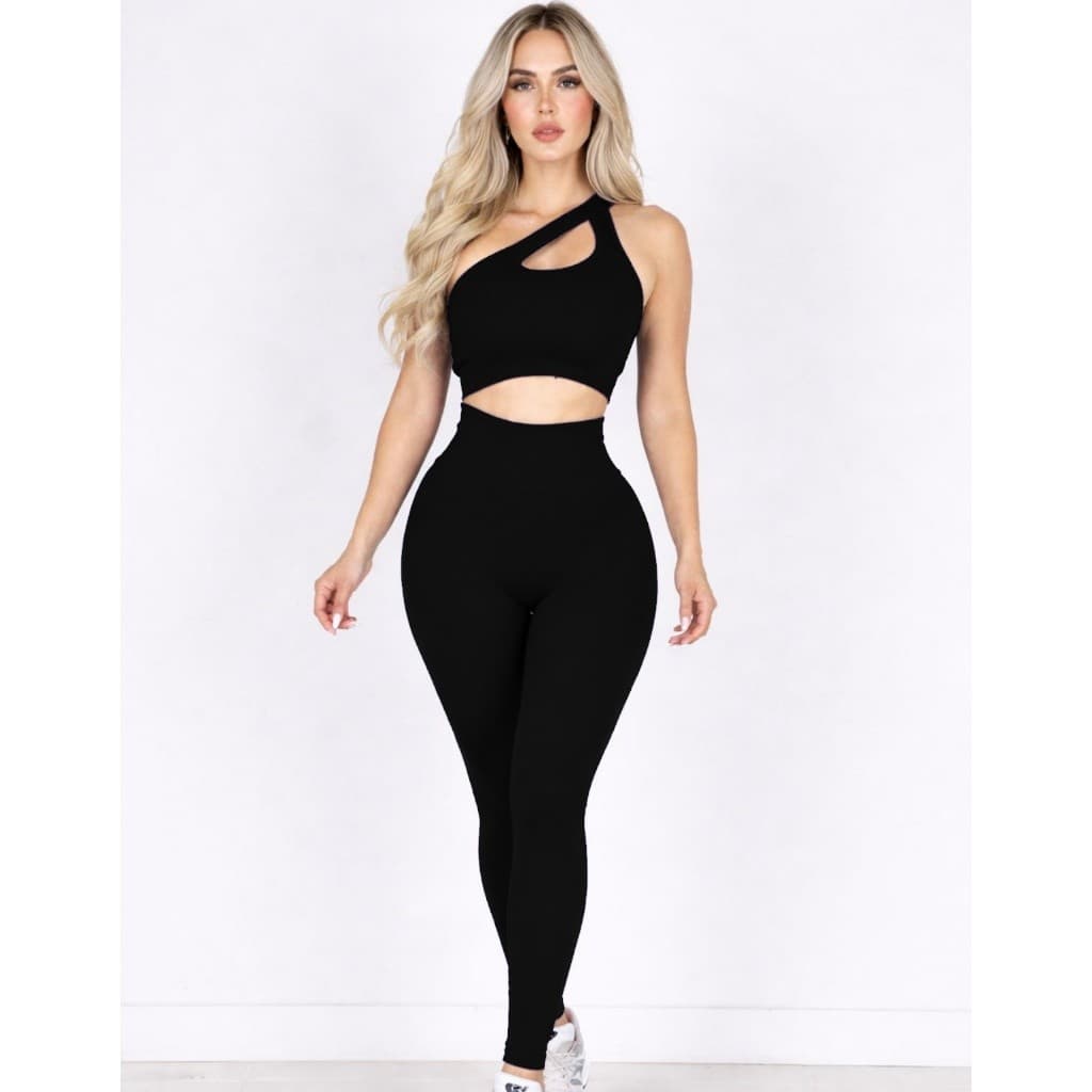 Conjunto Premium Top Calça Legging Cintura Alta Canelado Sem Costura