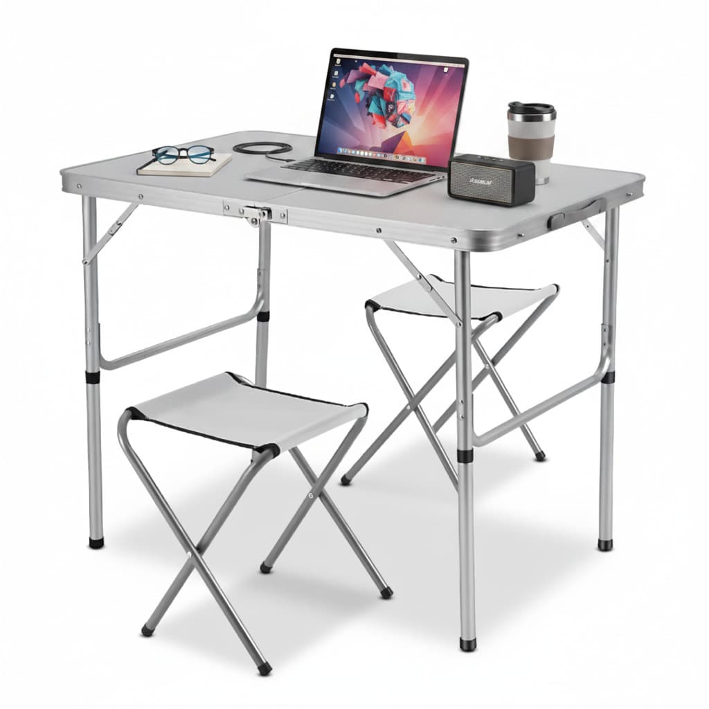 Mesa Portátil Dobrável 90x60 Vira Maleta Camping Praia Jardim 2 Cadeiras Alumínio MDF