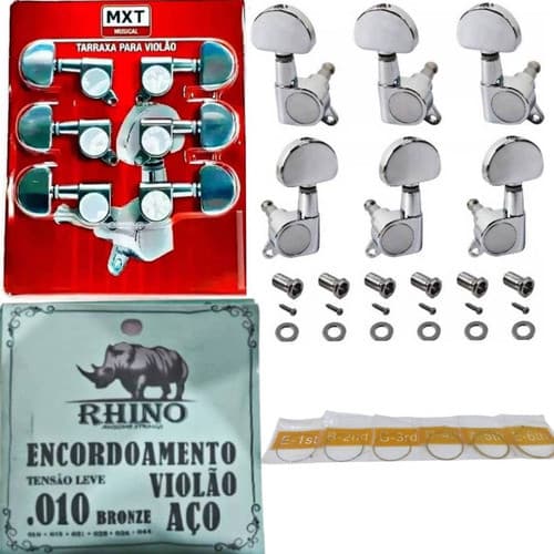 Encordoamento Cordas Para Violão Aço Leve 010 + Tarraxas Tarrachas Blindada