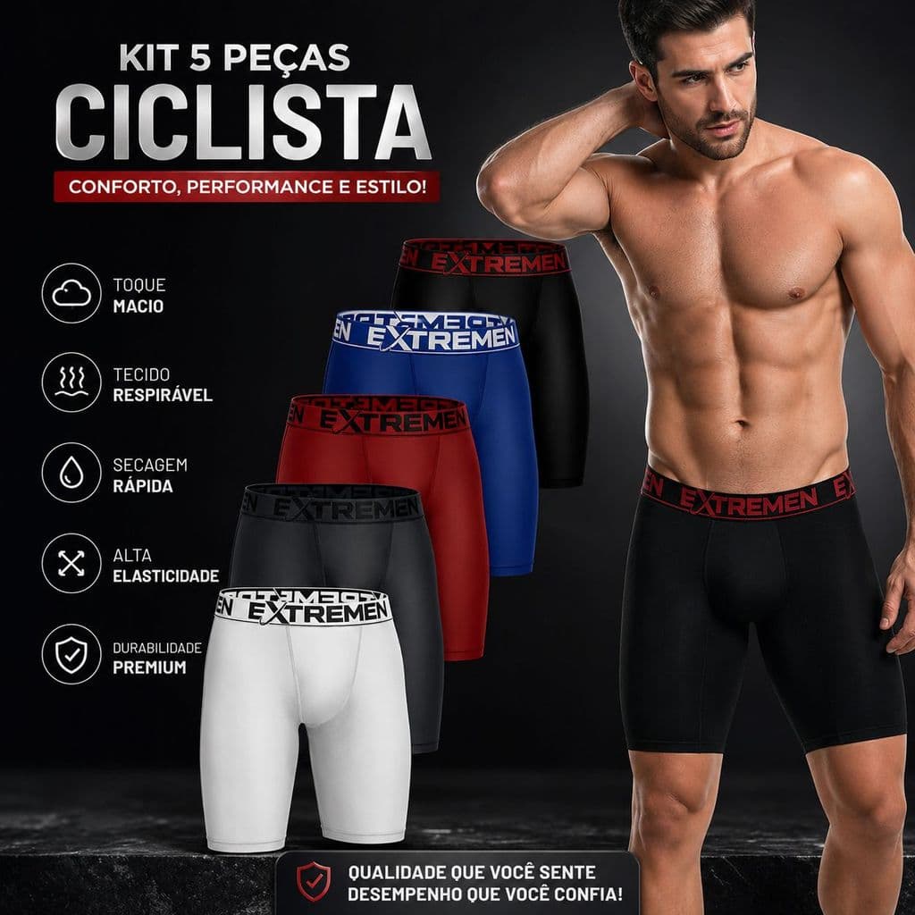 Kit com 5 - Cueca box boxer Ciclista microfibra  lisa Perna Longa