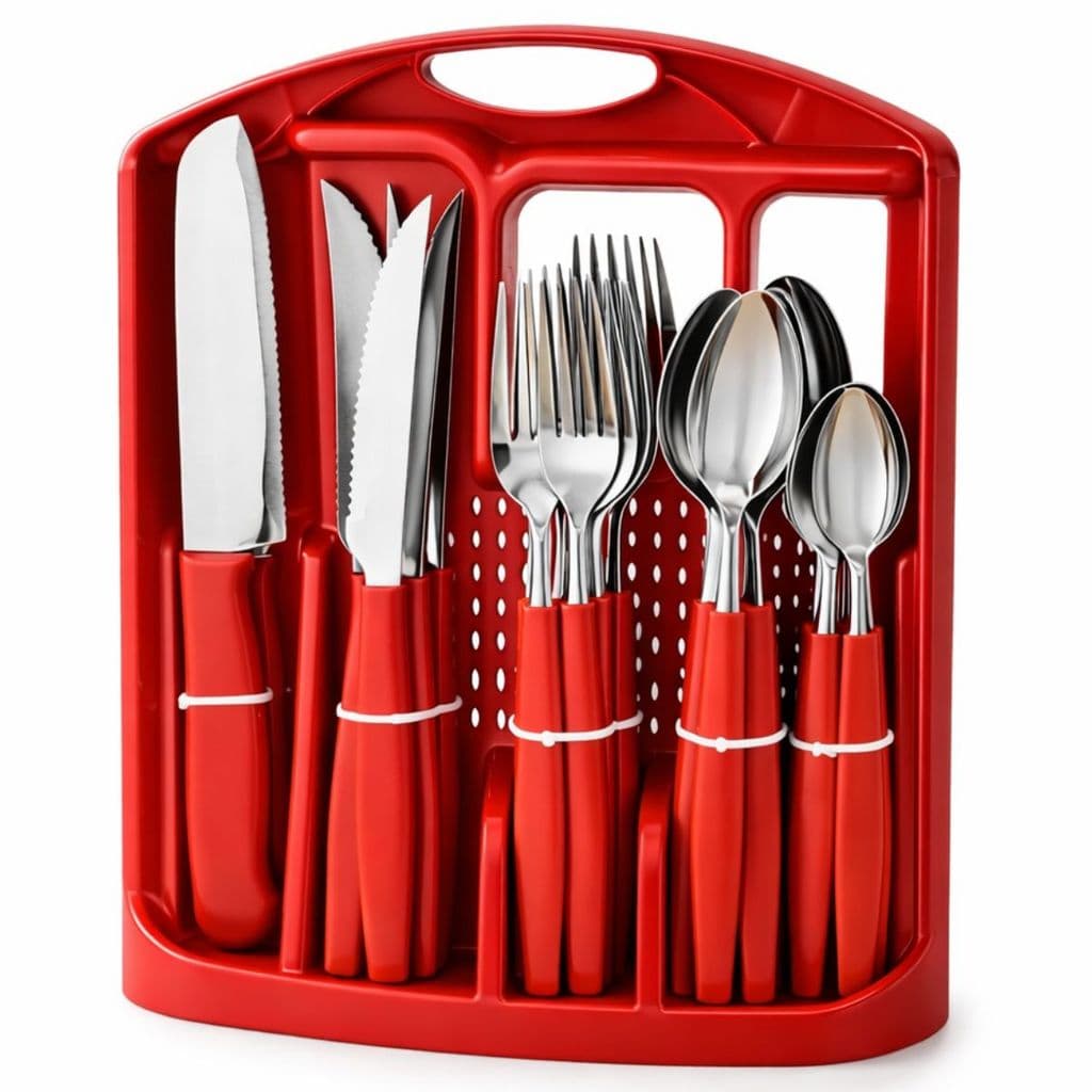 Faqueiro Inox 26 Peças Vermelho Jogo Talheres Cozinha Mesa Churrasco Completo