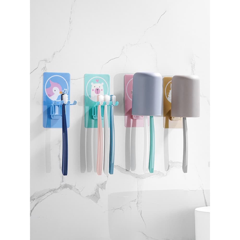 Suporte de escova de dentes de desenho animado para banheiro, copo de escova de dentes sem perfuração, prateleira de par