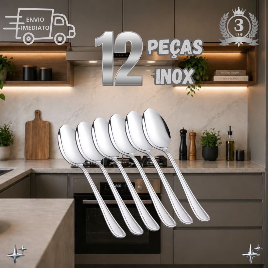 KIT 12 COLHERES DE INOX – AÇO INOXIDÁVEL, RESISTENTES E ELEGANTES PARA O DIA A DIA