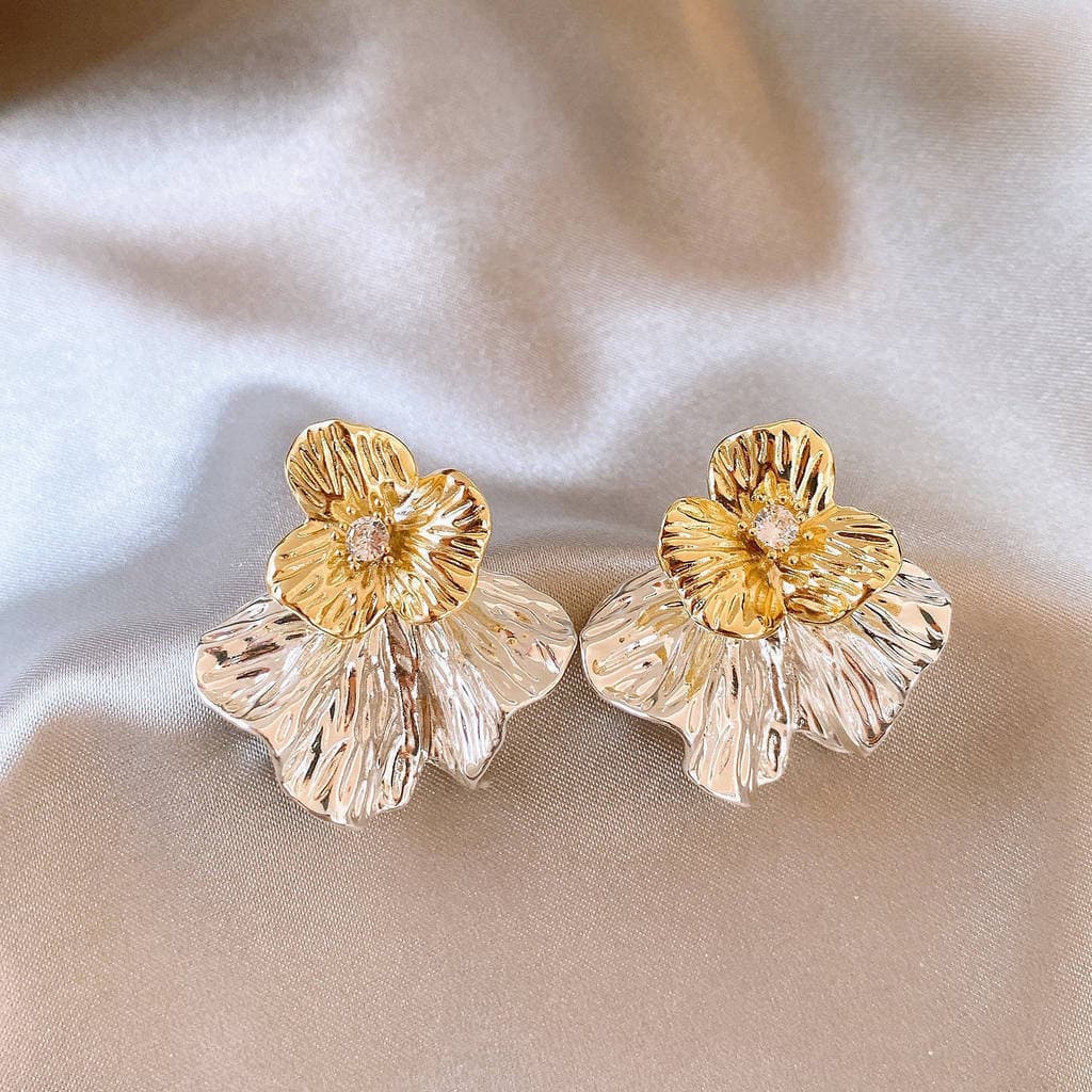 Agulha de prata diamante ouro prata contraste cor flor brincos europeu americano único nicho na moda brincos luz luxo Hi