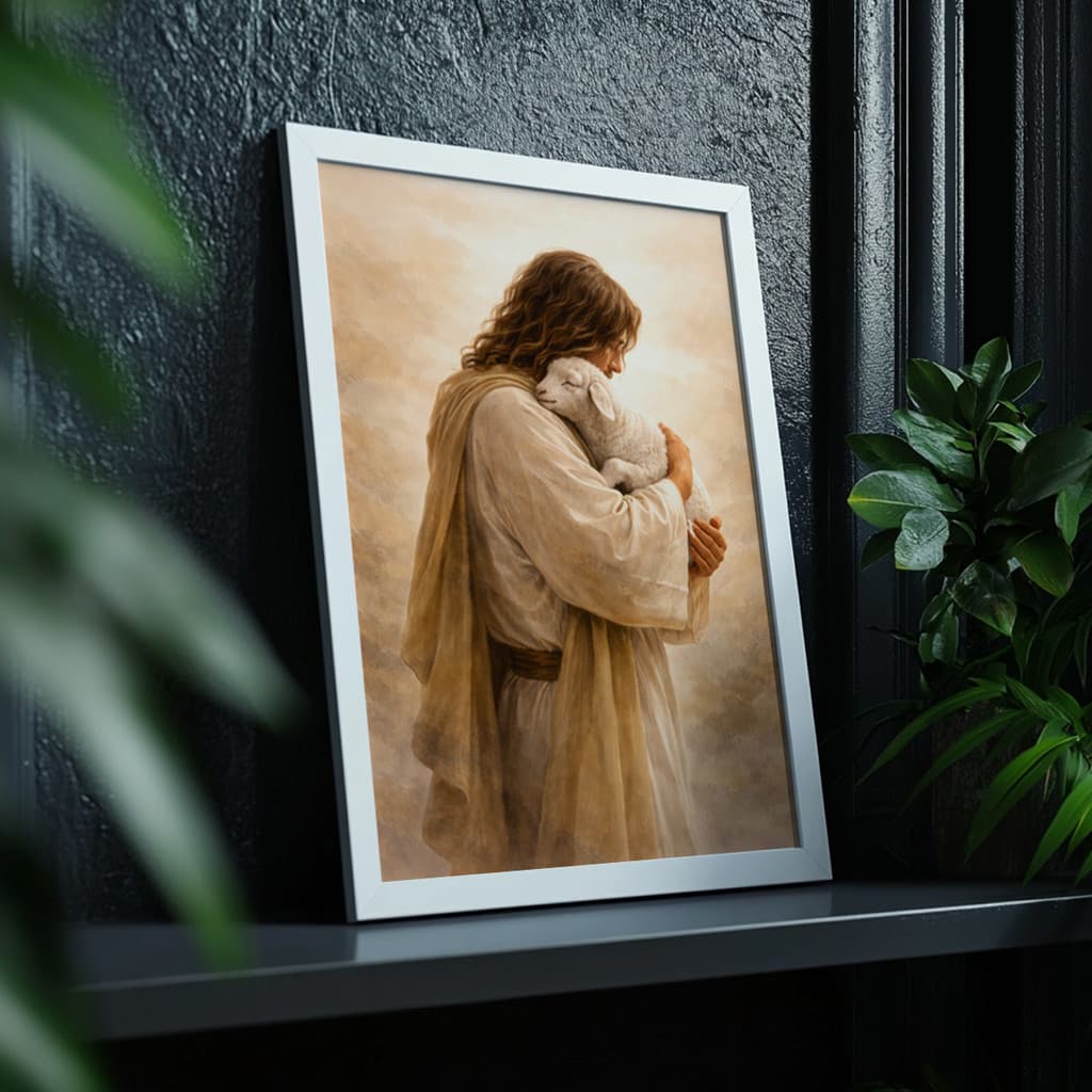 Quadro Com Moldura Jesus Com Cordeiro Religioso Fé Cristão Arte Sacra Esperança