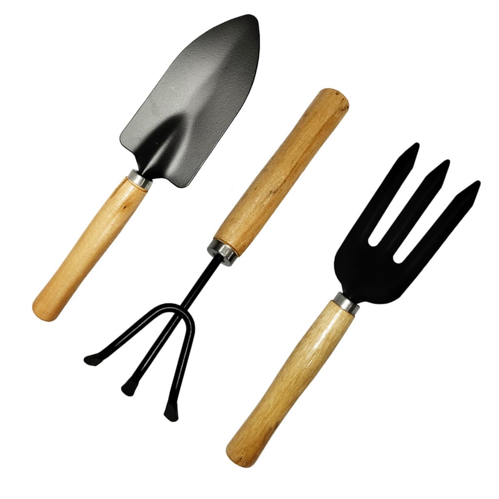 Kit Jardinagem 3 Peças Rastelo + Garfo + Colher Horta Jardim Garfo e Rastelo Madeira e Metal