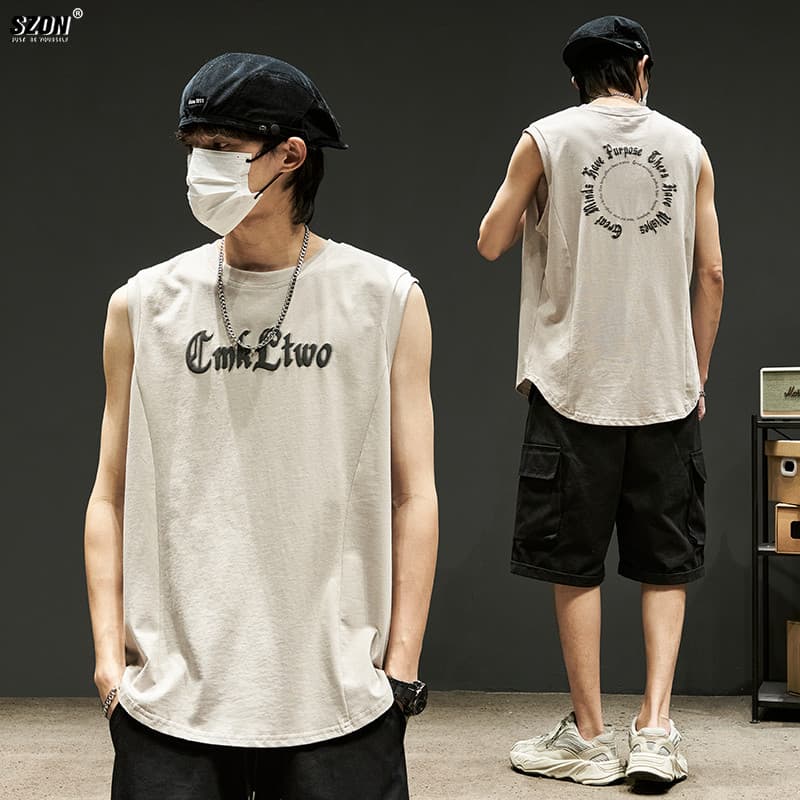 Colete masculino Street wear ins carta impressa algodão puro ombro largo corte mangas verão exterior wear solto esportes