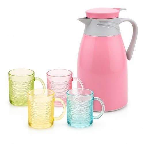 Conjunto Jarra Garrafa Termica Compacta 190ml Kit 4 Canecas Vidro Chá Café Rosa Elegante