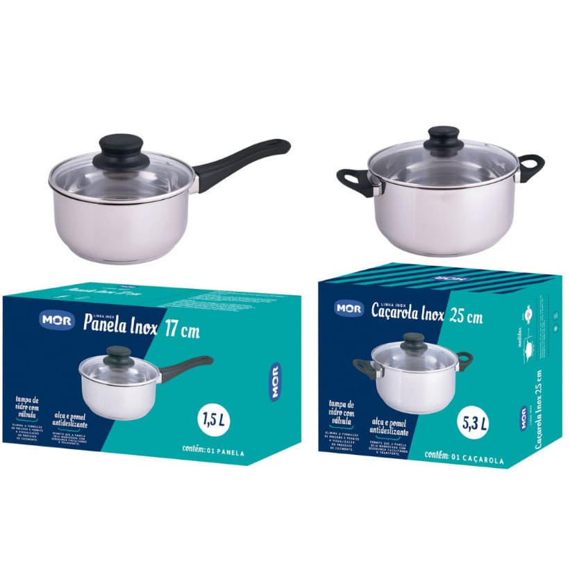 Jogo de panelas/ KIt Panela 17cm + Caçarola 25cm inox com fundo Quintuplo MOR