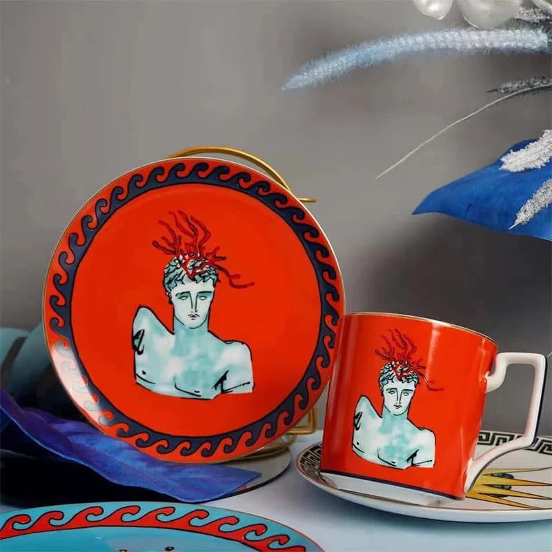 Xícara De Café Neptune Red Bone China 400ml Com Bandeja