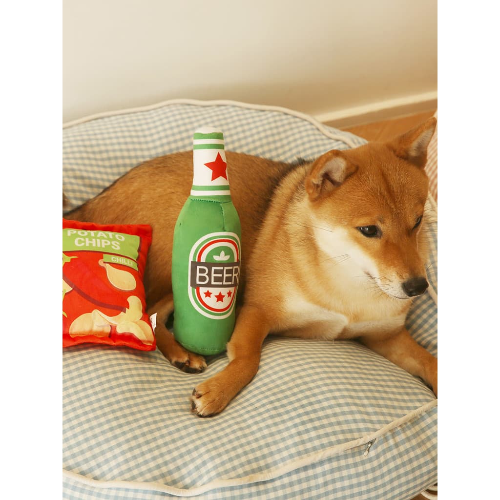 Cão soando brinquedos cerveja batata Chips Cola lanches bb latindo Pet pelúcia aliviar o tédio mordida resistente molar