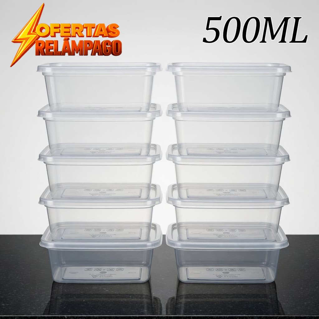 Kit 10 Potes 500ml Reforçado Transparentes Resistente  BPA Free Organizador de Alimentos Marmita