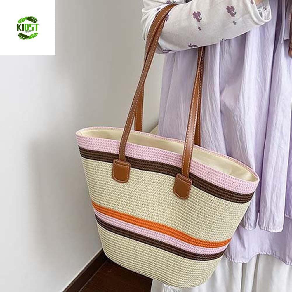 Bolsa De Palha De Compras KIDST , Sacola Tecida Com Listras Coloridas Contrastantes De Poliéster , Leve De Praia De Verã