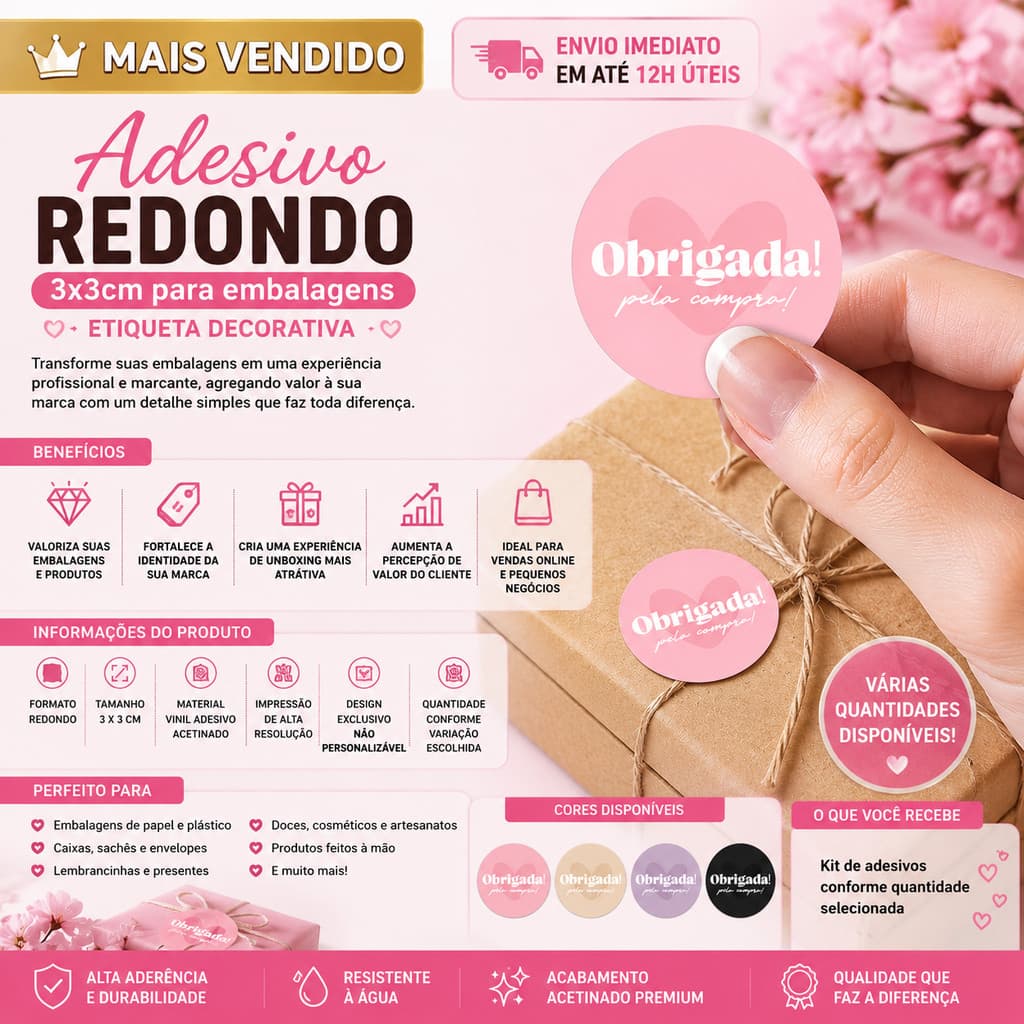 Adesivo para embalagem 3x3 redondo etiqueta obrigada pela compra - para seda caixa