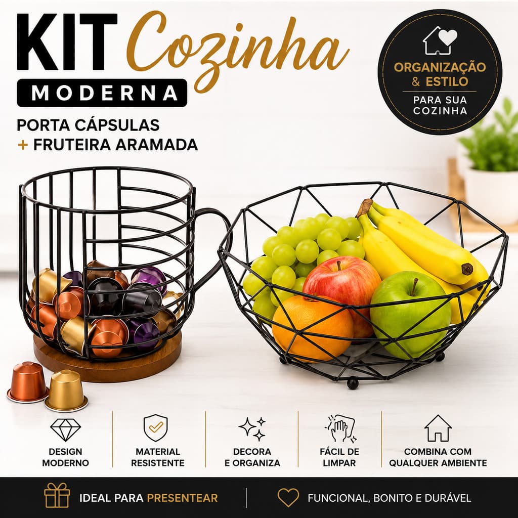 Kit Fruteira Aramada + Porta Cápsulas Café Decorativo Preto