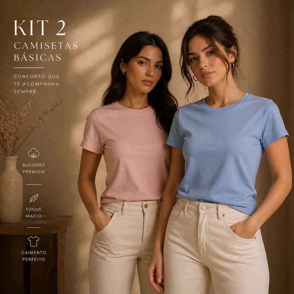 Kit 2 T-shirt Lisa Peruana 40.1 Cotton Pima Sem Estampa Feminina Baby Look Tee Camisa Unissex Blusinha Elastano