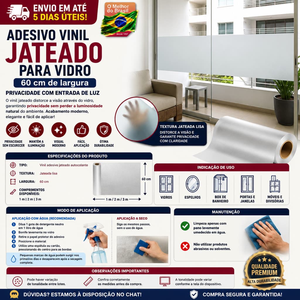Adesivo Jateado Fosco 3m x 60cm – Box, Janela, Porta e Sacada