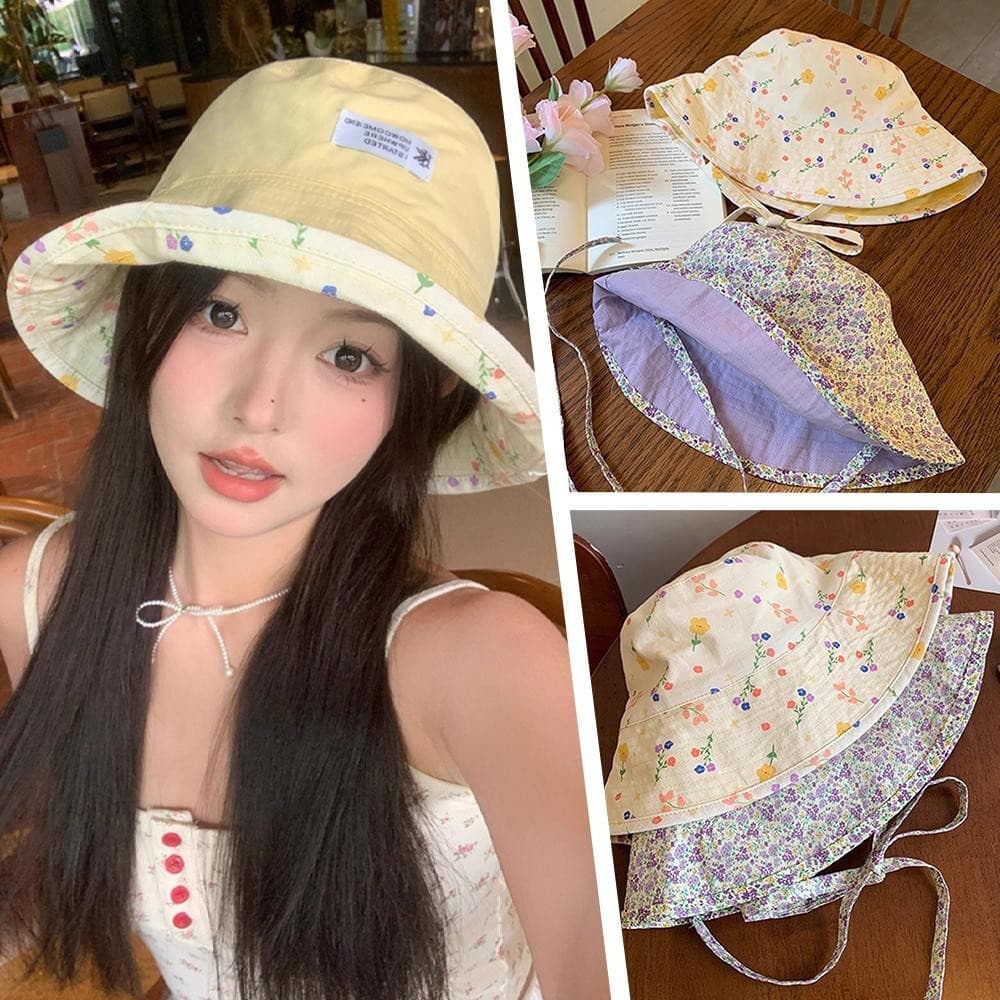 Bonito Floral Dupla Face Balde Chapéu Feminino Verão Japonês Bacia Borda Grande Pequeno J7g5