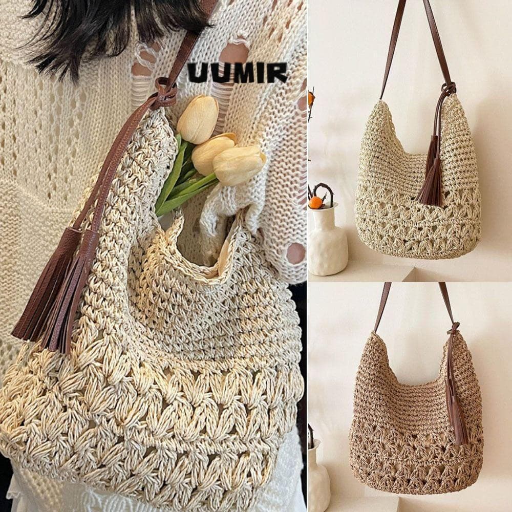 Bolsa De Tecido De Palha Umir , Ombro Causal De Viagem Compras Tecida De Grande Capacidade Primavera Verão
