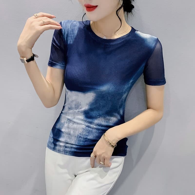 Tie-Dye impresso gaze camiseta feminina de manga curta 2024 verão novo estilo bens europeus moda em torno do pescoço top