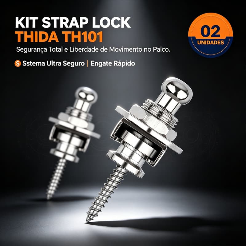 Kit 2 Strap Lock Trava Correia Thida Metal Antiderrapante para Guitarra Baixo Violão - Prata e Preto Segurança Total