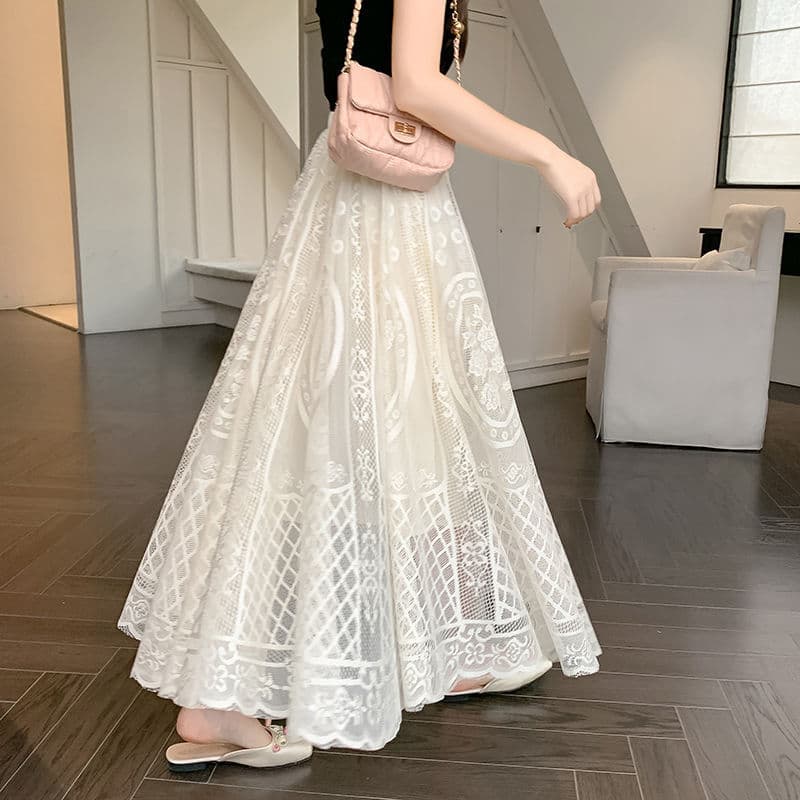 Plus Size roupas femininas gordura MM cintura alta indústria pesada renda oco fada bainha grande a linha saia All-Match