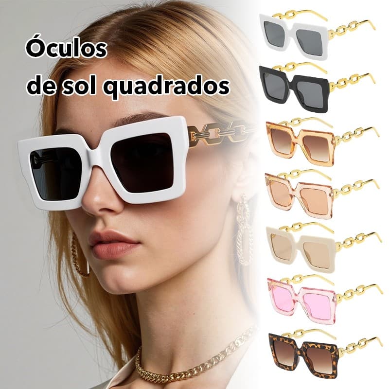 Óculos de sol UV europeu americano na moda grande quadro quadrado óculos de sol Retro Metal corrente templo óculos de so