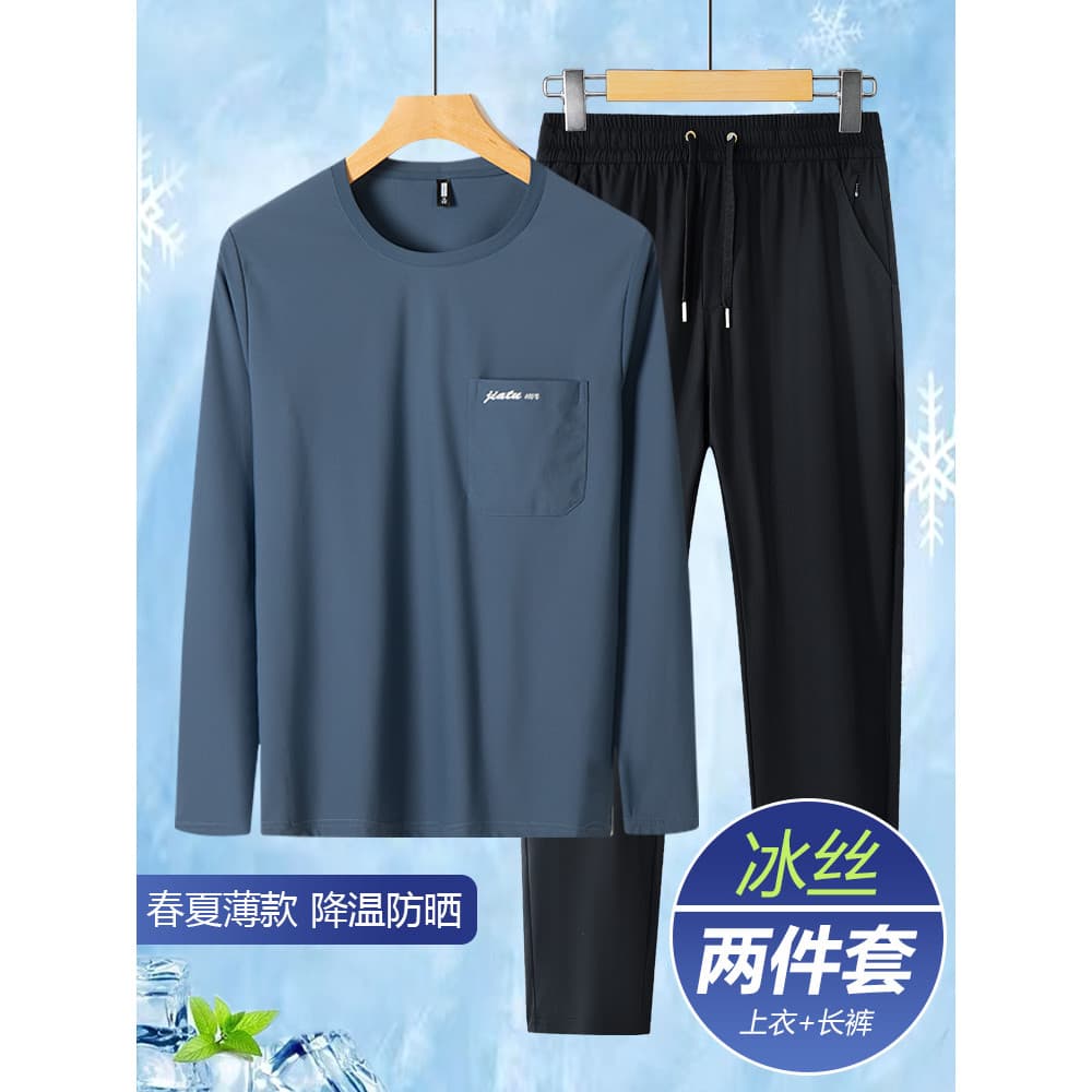 Primavera verão estilo fino pai terno de seda gelo de meia-idade masculina de manga comprida camiseta Casual esportes me