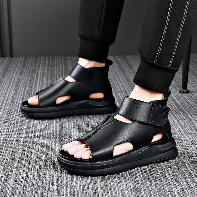 Sandálias masculinas de couro verão aumentando romano de alta qualidade sola grossa na moda exterior Wear sola macia res