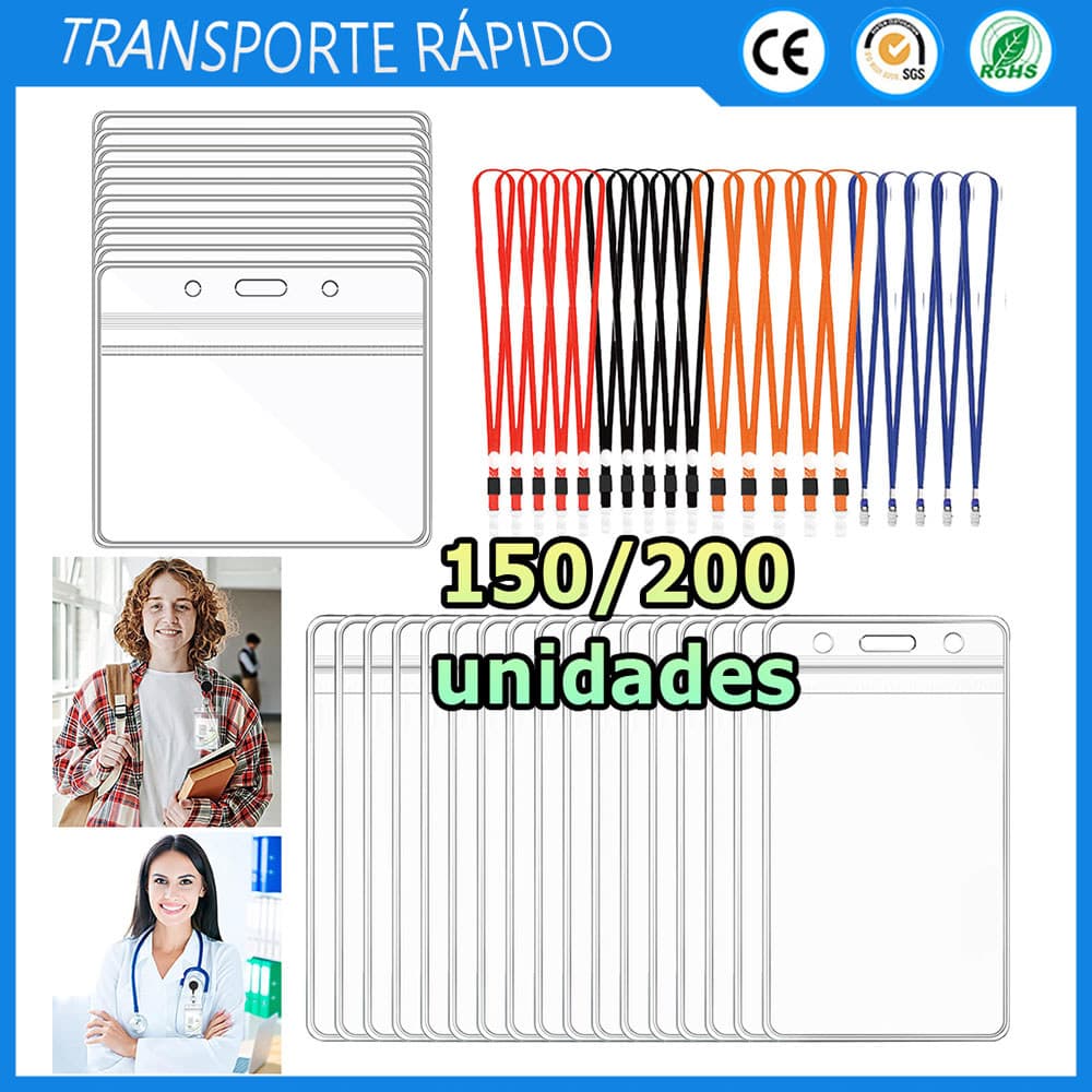 Kit 150/200 Crachás de plástico transparente porta-crachás e porta-cartões de identificação cordões com clipes