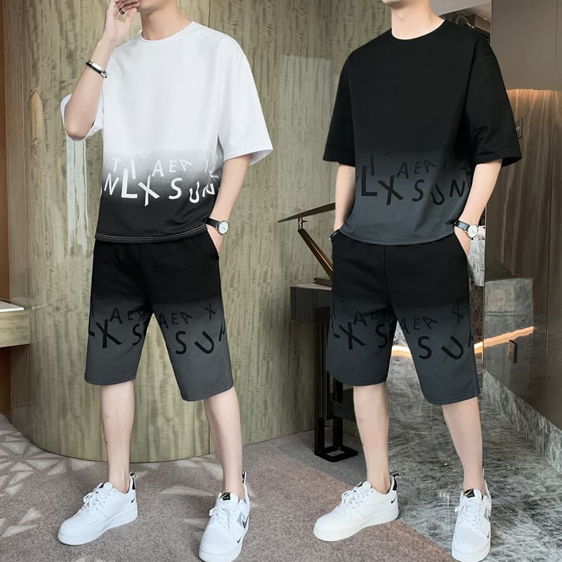 Verão de manga curta camiseta terno masculino na moda versão coreana ins Street wear gradiente Casual masculino wear com