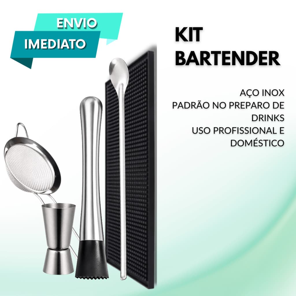 Kit Drinks Bartender Aço Inox Socador Ponta Emborrachada Dosador Duplo Peneira Tapete Colher Uso Doméstico Bar Festa