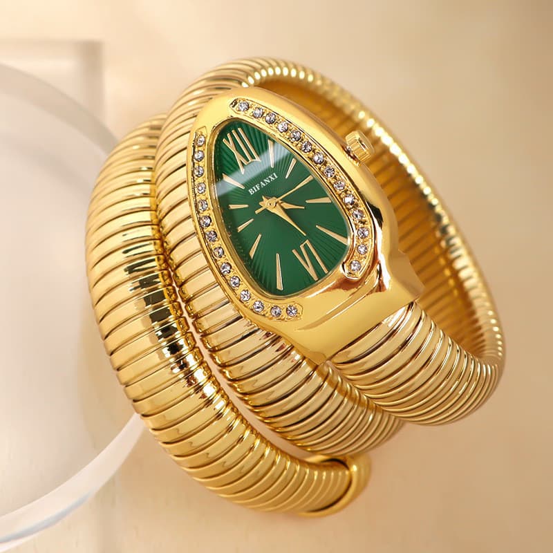 Novo estilo cabeça de cobra enrolamento senhoras relógio primavera ouro cobra cabeça diamante inglês relógio, jóias pres