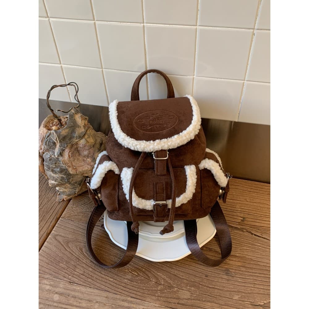 Mochila de camurça feminina 2025 novo estilo bonito Retro All-match Commuter mochila inverno pelúcia estudante pequena b