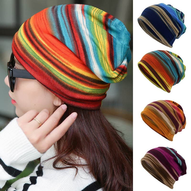 Boné De Moda Twist Cap Arco-Íris Skull Beanie Scarf Fashion Stripe Print Para Homens Mulheres Pullover Headscarf
