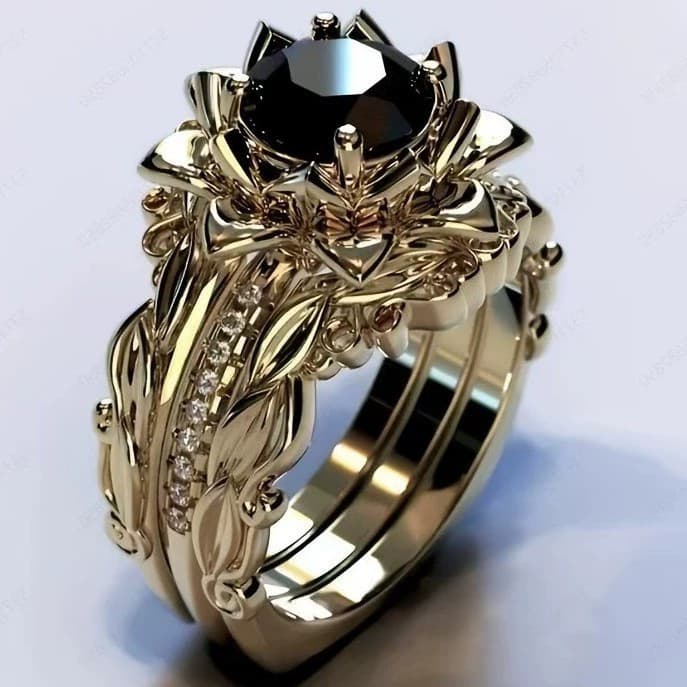 Moda rosa padrão anel de três peças senhoras anel galvanoplastia ouro incrustado preto diamante moda pulseira