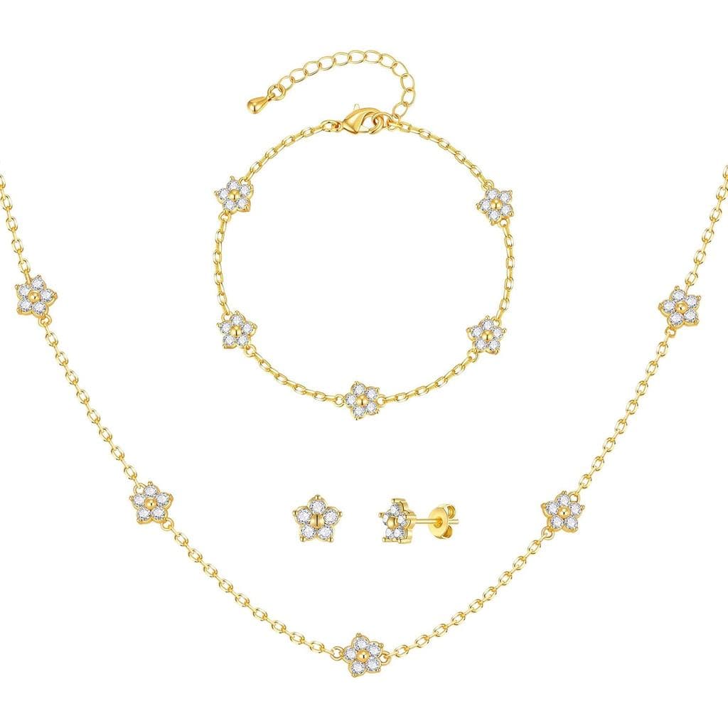 Conjunto de Joias de Ouro para Mulheres - Delicado Conjunto de Joias Banhado a Ouro/Prata 14K com Pulseira de Quatro Fol
