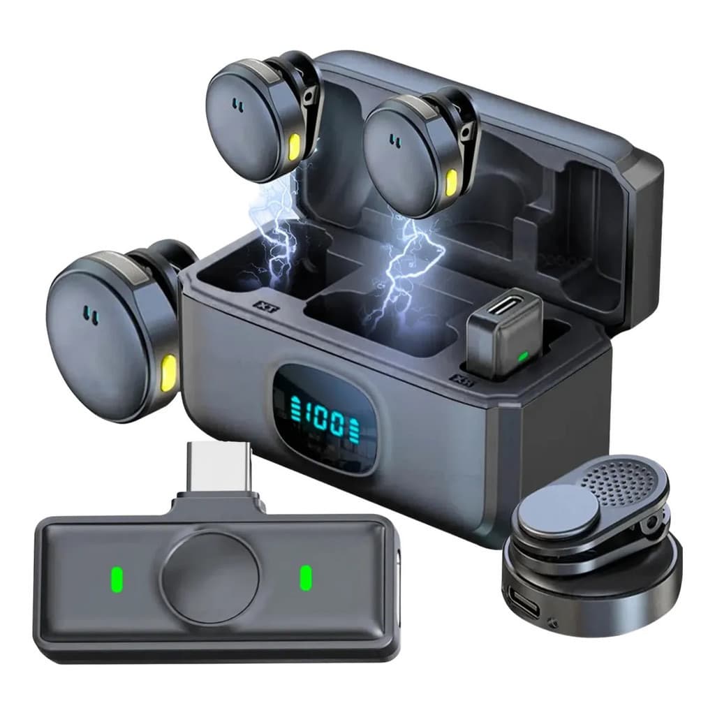 Microfone Lapela Duplo Sem Fio Magnético Anti Ruído USB-C com Adaptador Lightning para Podcast e Entrevista