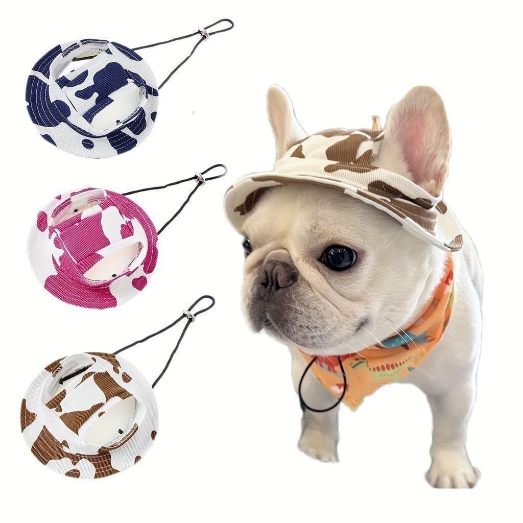 Chapéu Balde Ajustável Com Estampa De Vaca Fofa Para Cães Pequenos E Médios-Boné Externo 100 % Algodão Exibição De Orelh