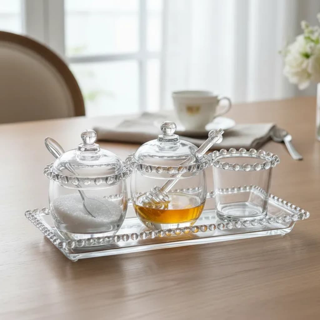 Açucareiro + Meleira Porta Talher Bandeja 30cm Cristal Lyor