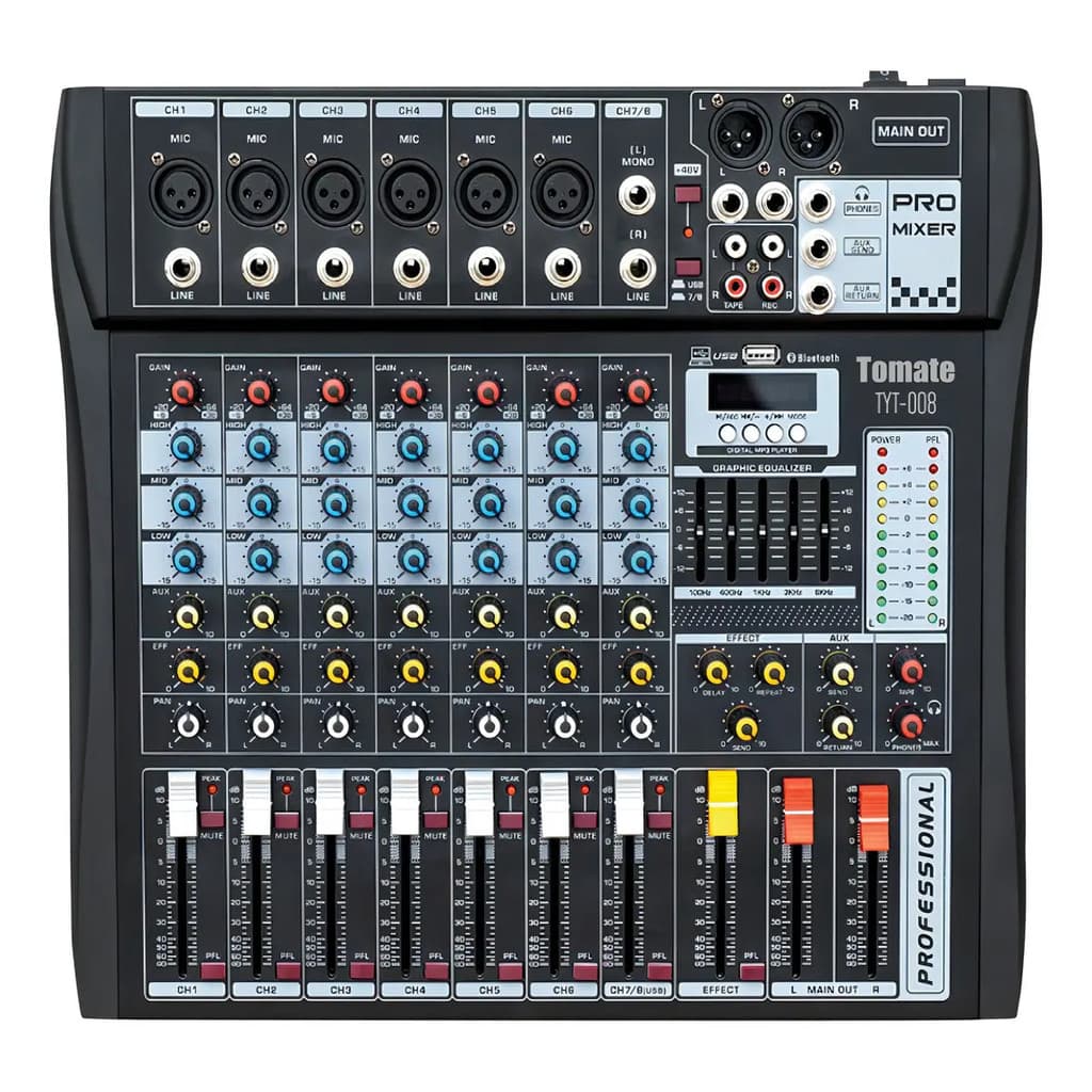 Mesa de Som Profissional 8 Canais Bluetooth USB Tomate