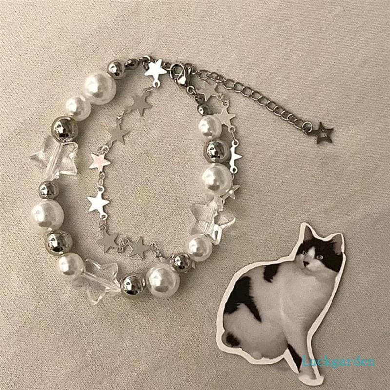 Luckgarden Vintage Cristal Estrela Pentagrama Pérola Frisado Pulseira Para Mulheres Doce Estética Charme Harajuku Fashio