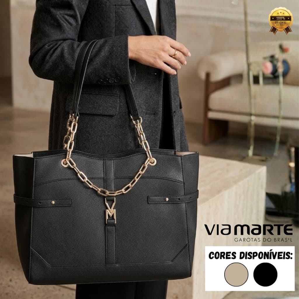 Bolsa Shopper Feminina Via Marte Moderna Detalhes Metálicos Grande Espaçosa Corrente Original