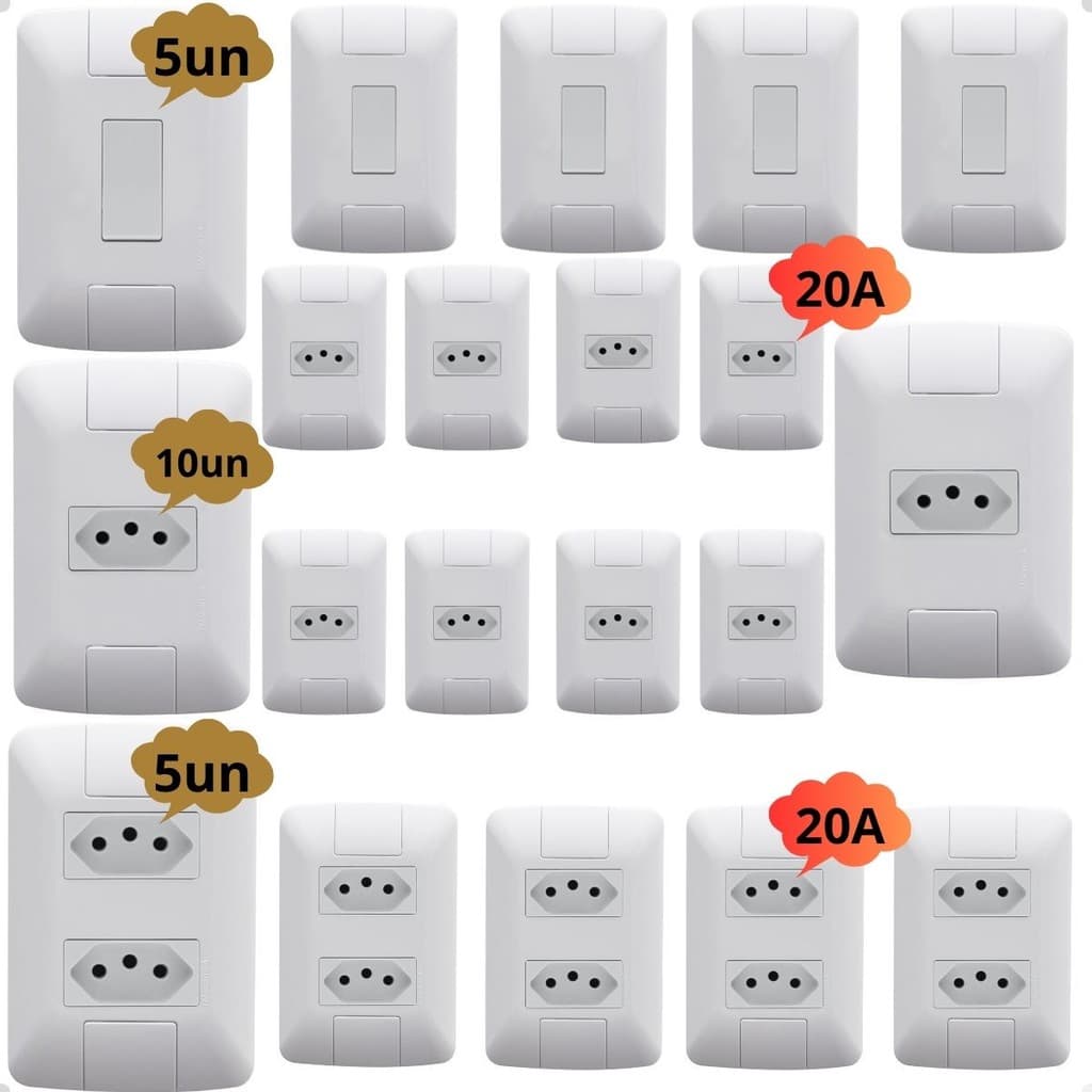 Kit 10 Tomadas Simples 20A Aria 5 Tomada Dupla 20A Tramontina 5 Interruptor Simples Branco
