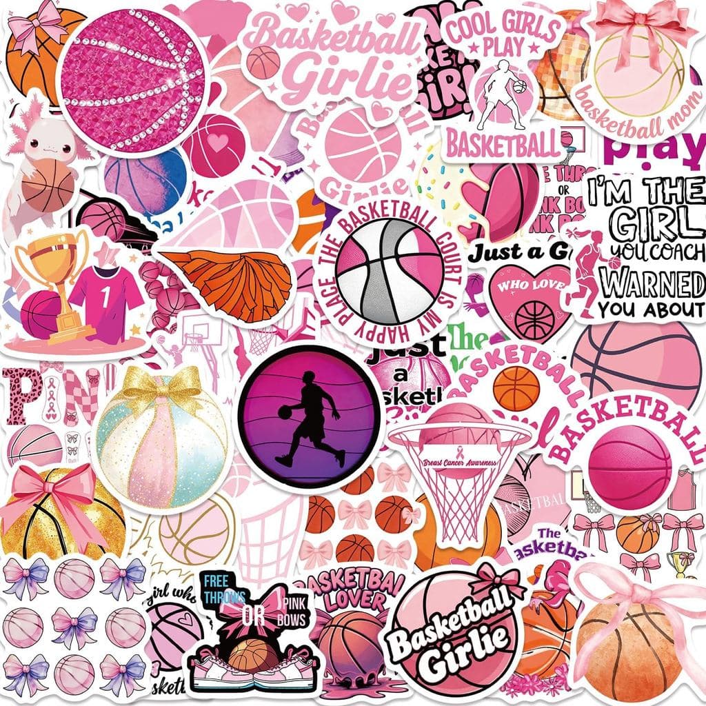 50 Adesivos de Basquete Rosa para Mulheres - Decalques de Vinil Impermeáveis para Garrafas de Água e Laptops |   Present